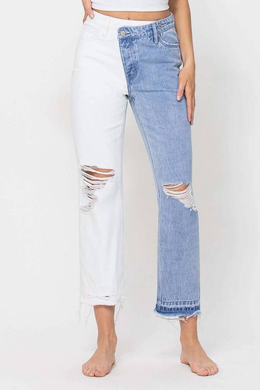 NEW VERVET BY FLYING MONKEY tinley two tone jeans in white/light denim